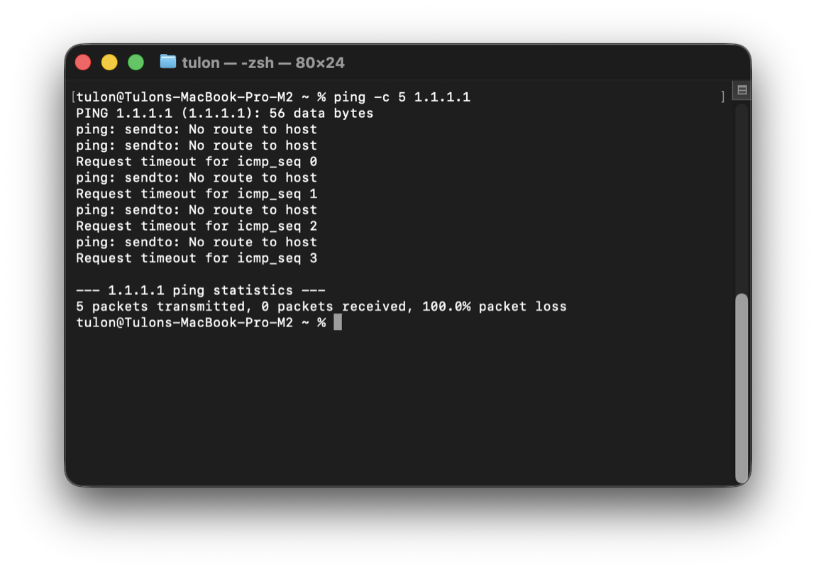 Terminal showing a ping to 1.1.1.1 returning repeated Request timeout and No route to host errors
