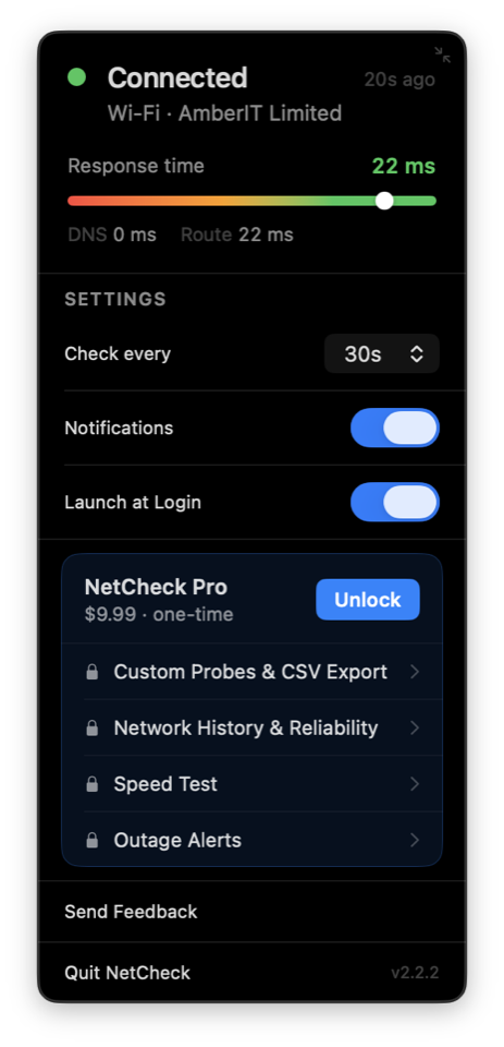 NetCheck's menu bar popover showing a Connected status, live response time, and settings for check interval and notifications
