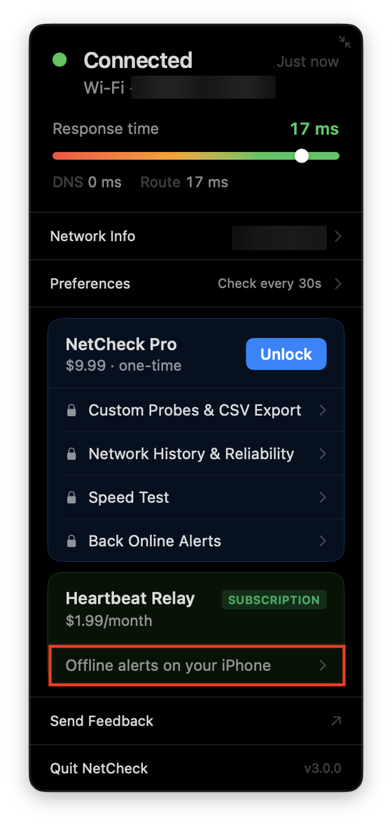 NetCheck's menu bar window, with the row 'Offline alerts on your iPhone' under Heartbeat Relay marked in red.