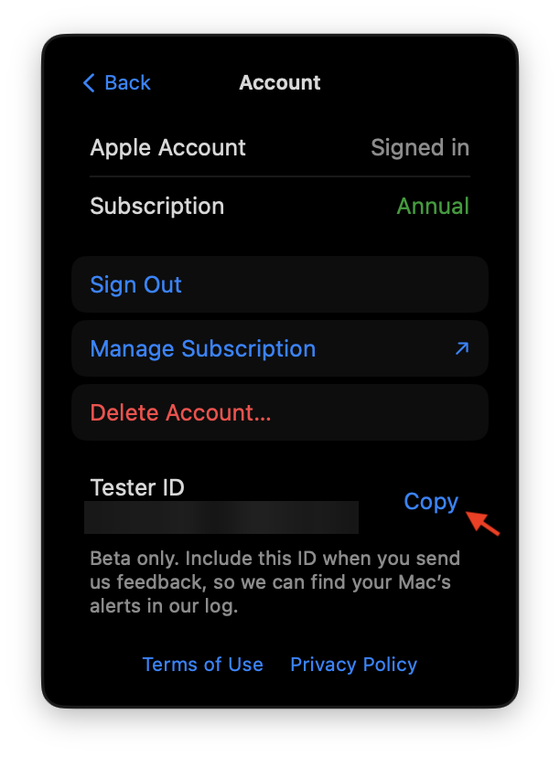 NetCheck's Account screen on the Mac, with an arrow pointing at the Copy button beside Tester ID.