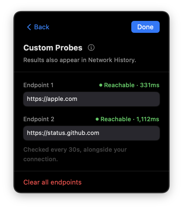 NetCheck Pro's Custom Probes screen showing two monitored endpoints, apple.com and status.github.com, both reachable with live latency readings.