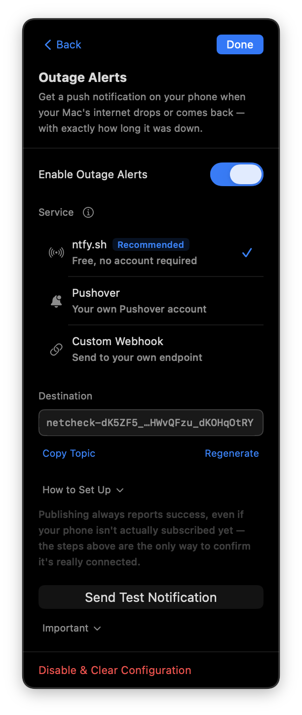 NetCheck's Outage Alerts settings screen, enabled and configured to send push notifications via ntfy.sh, with a private destination topic and a Send Test Notification button.