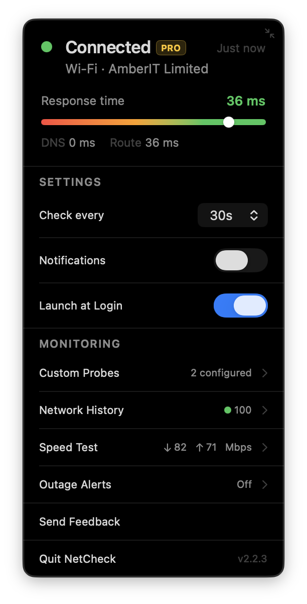 NetCheck Pro's full popover with a PRO badge, Connected status, response time meter, and a Monitoring section showing Custom Probes (2 configured), Network History (100), Speed Test (82 down / 71 Mbps up), and Outage Alerts.