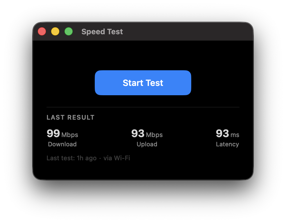 NetCheck Pro's Speed Test window showing a completed run: 99 Mbps download, 93 Mbps upload, and 93ms latency, run over Wi-Fi.