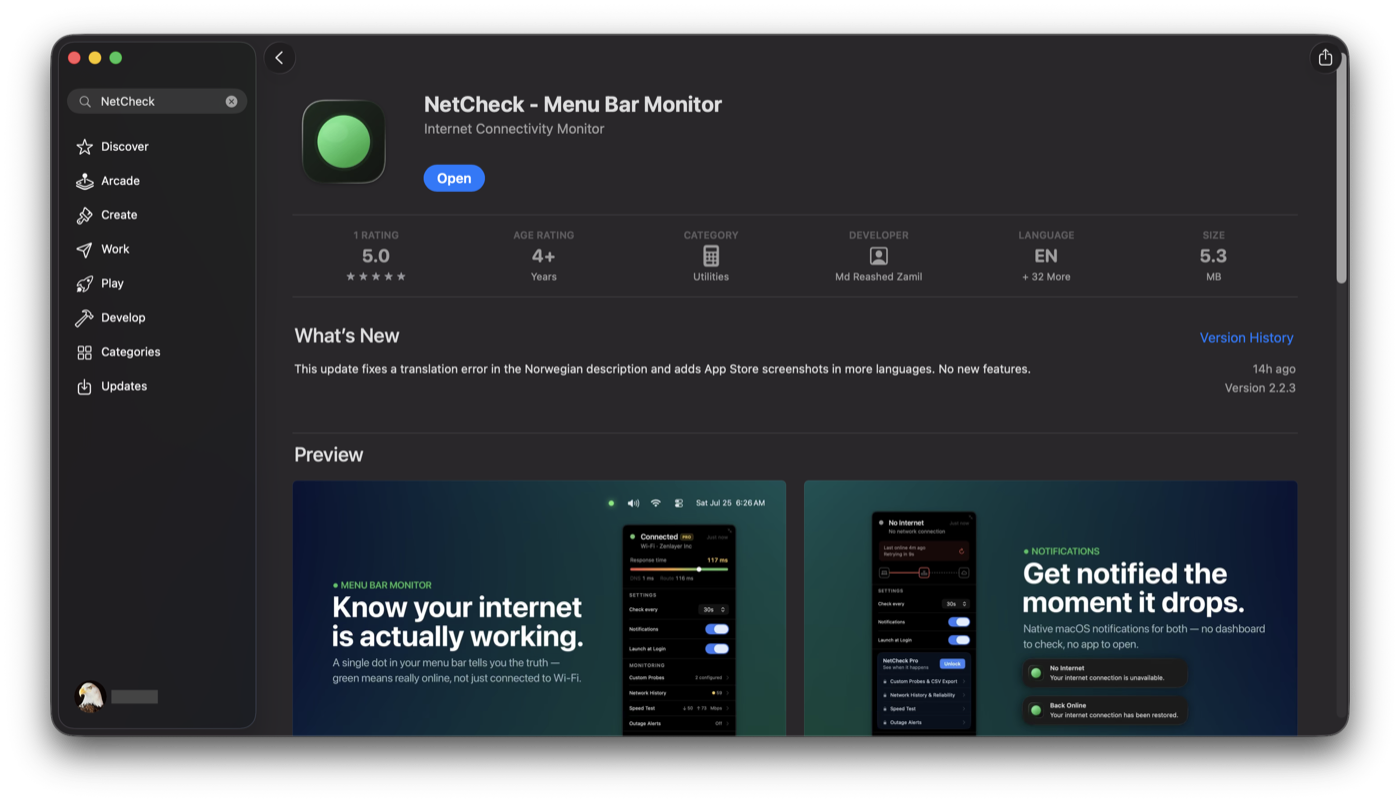 NetCheck's Mac App Store page showing an Open button, confirming the app is already installed