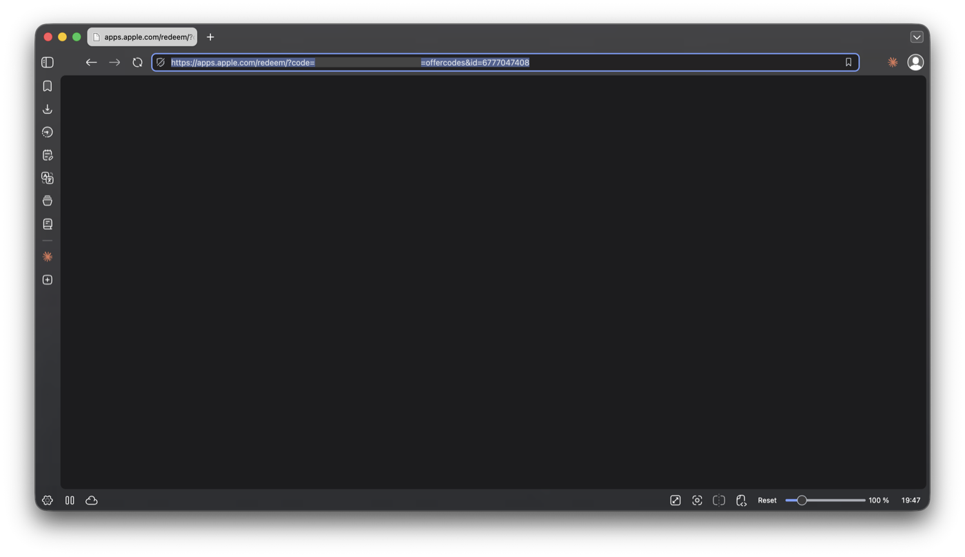 A browser window showing the redemption link in the address bar, with the code portion blurred, and a blank page below