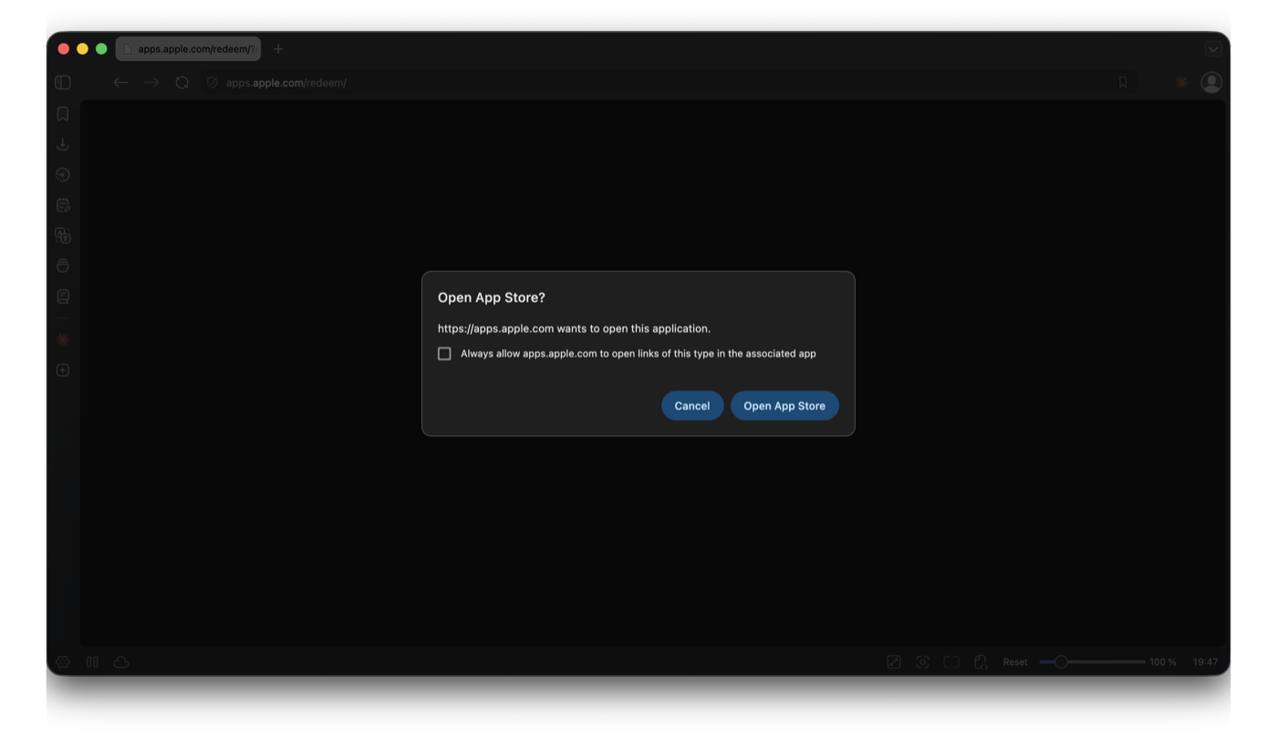A macOS system dialog asking to open the App Store app, with an Open App Store button