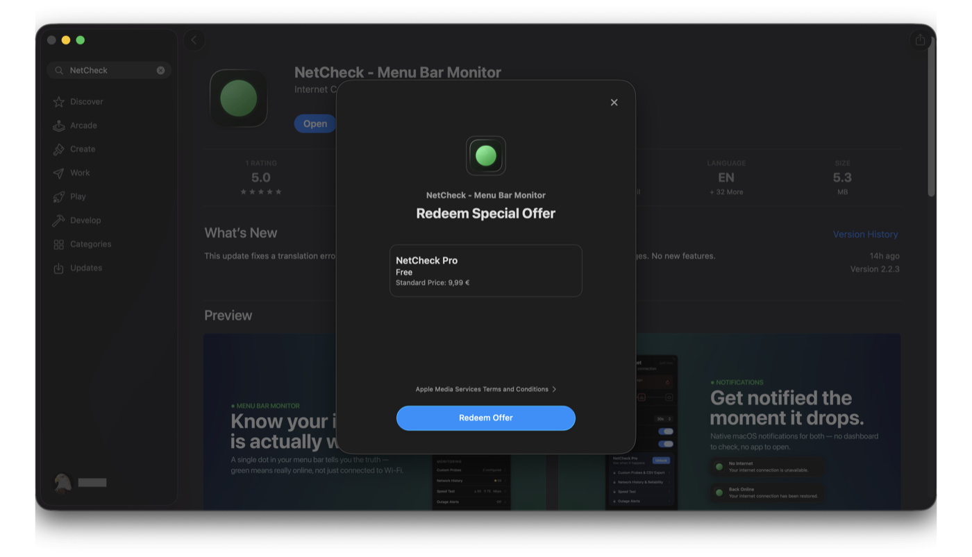 The App Store's Redeem Special Offer confirmation screen for NetCheck Pro, with a Redeem Offer button