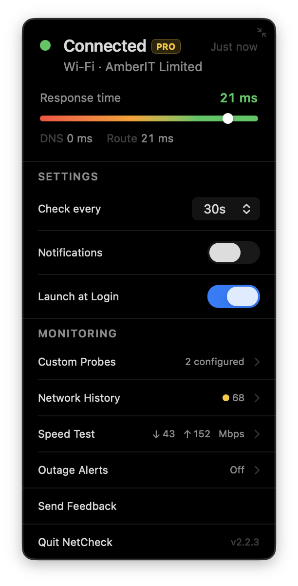 NetCheck's menu bar popover showing a PRO badge next to Connected, with Pro features like Custom Probes, Network History, Speed Test, and Outage Alerts all unlocked