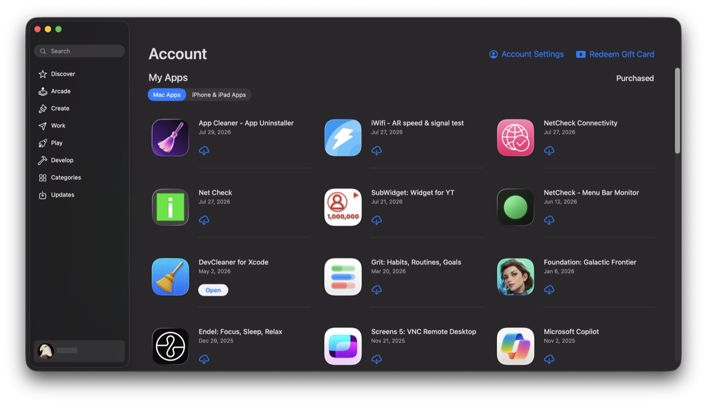 The App Store's Account page showing the My Apps grid and a Redeem Gift Card link in the top-right