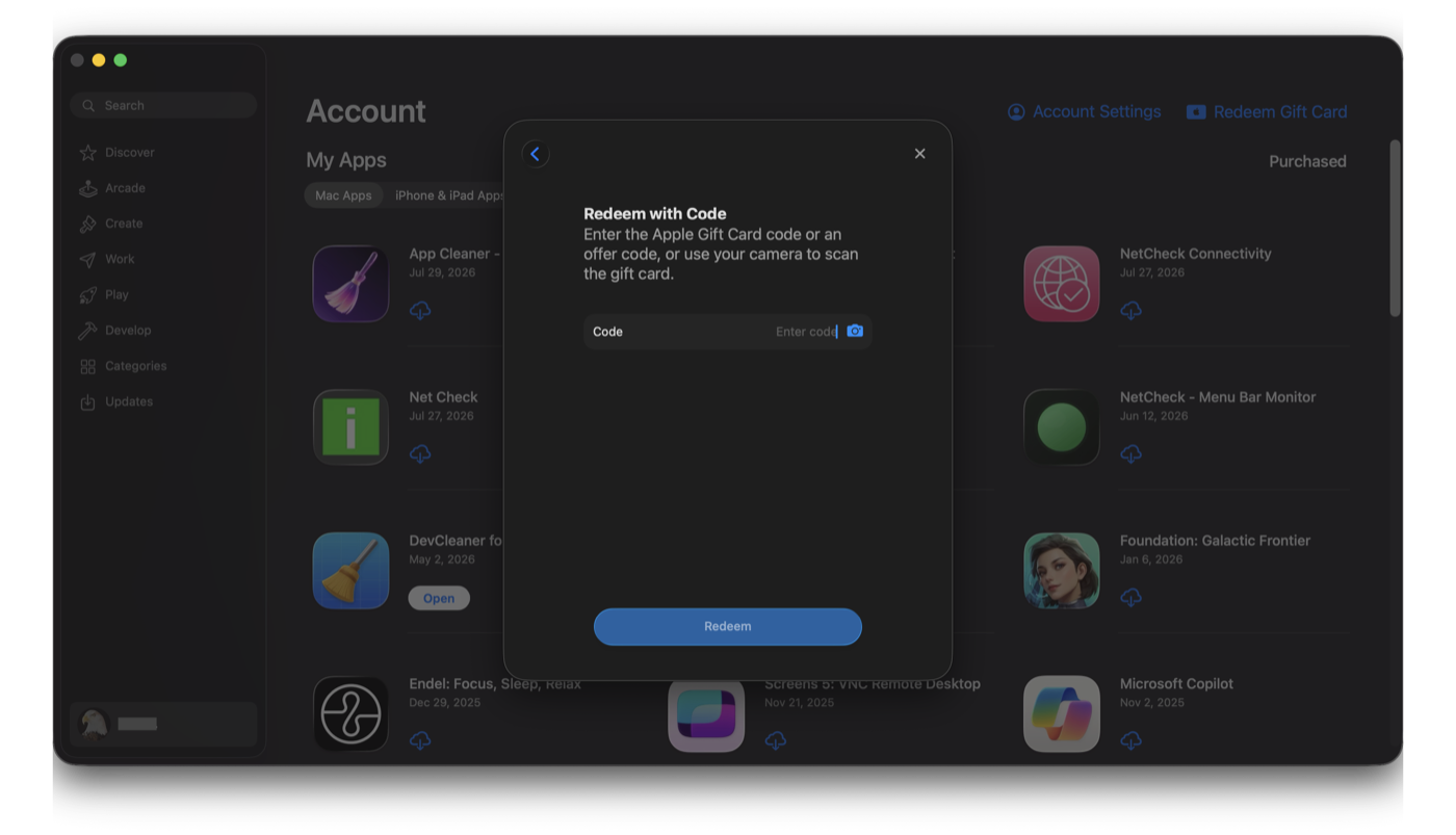 The Redeem with Code screen with an empty Code field ready for manual entry
